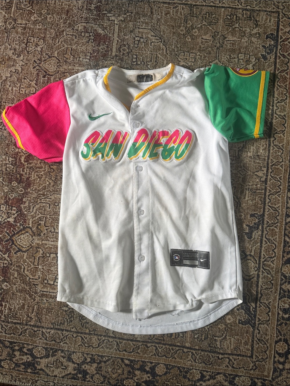 Nike Kids White Baseball Jersey with Pink and Green Sleeves